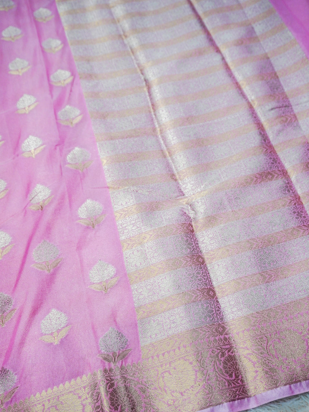 Candy Pink Silky Silk Banarasi Saree with Floral Zari Buti & Rich Zari Border