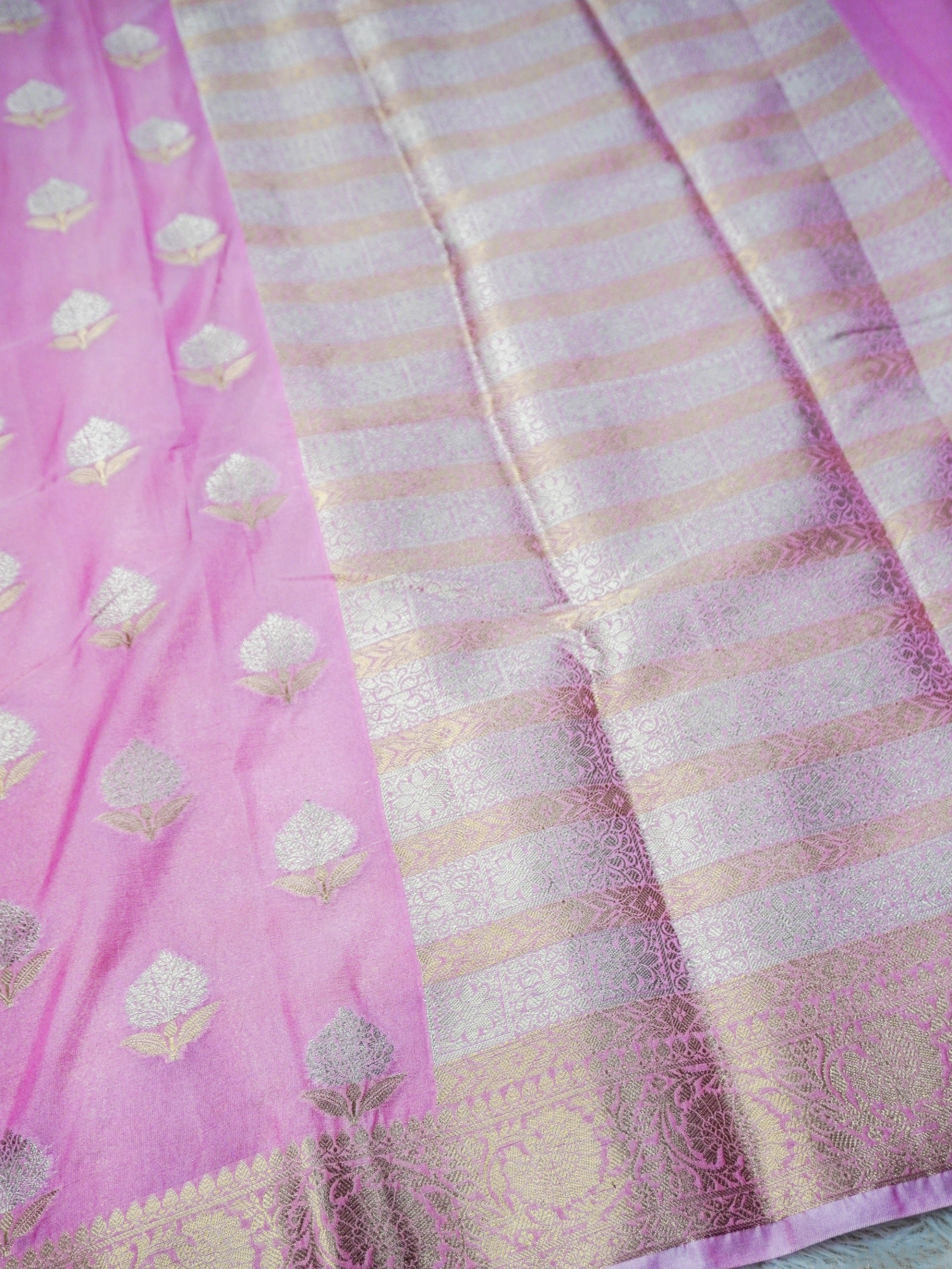 Candy Pink Silky Silk Banarasi Saree with Floral Zari Buti & Rich Zari Border
