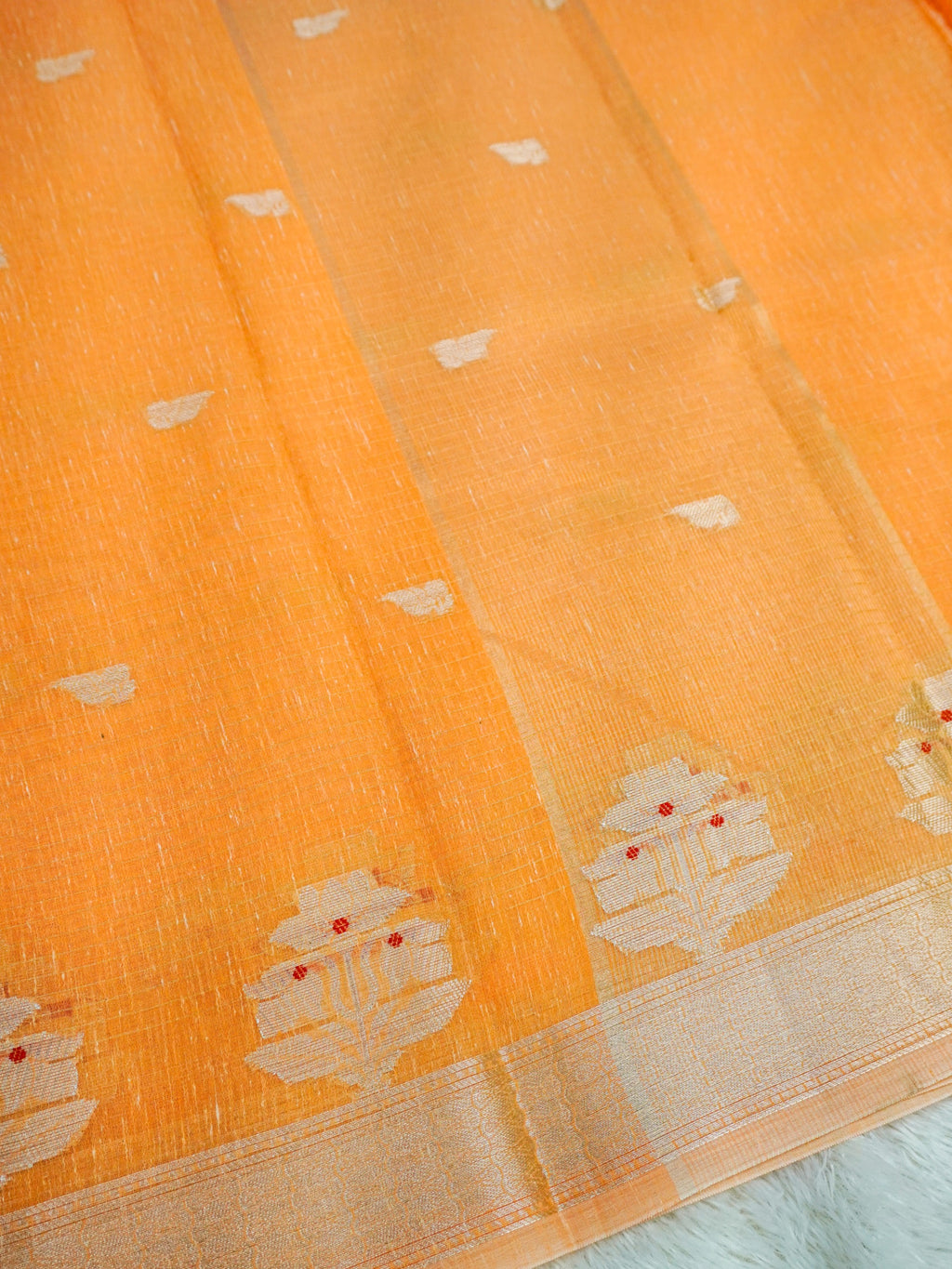 Peach Cotton Banarasi Saree with Floral Buti & Rich Zari Border