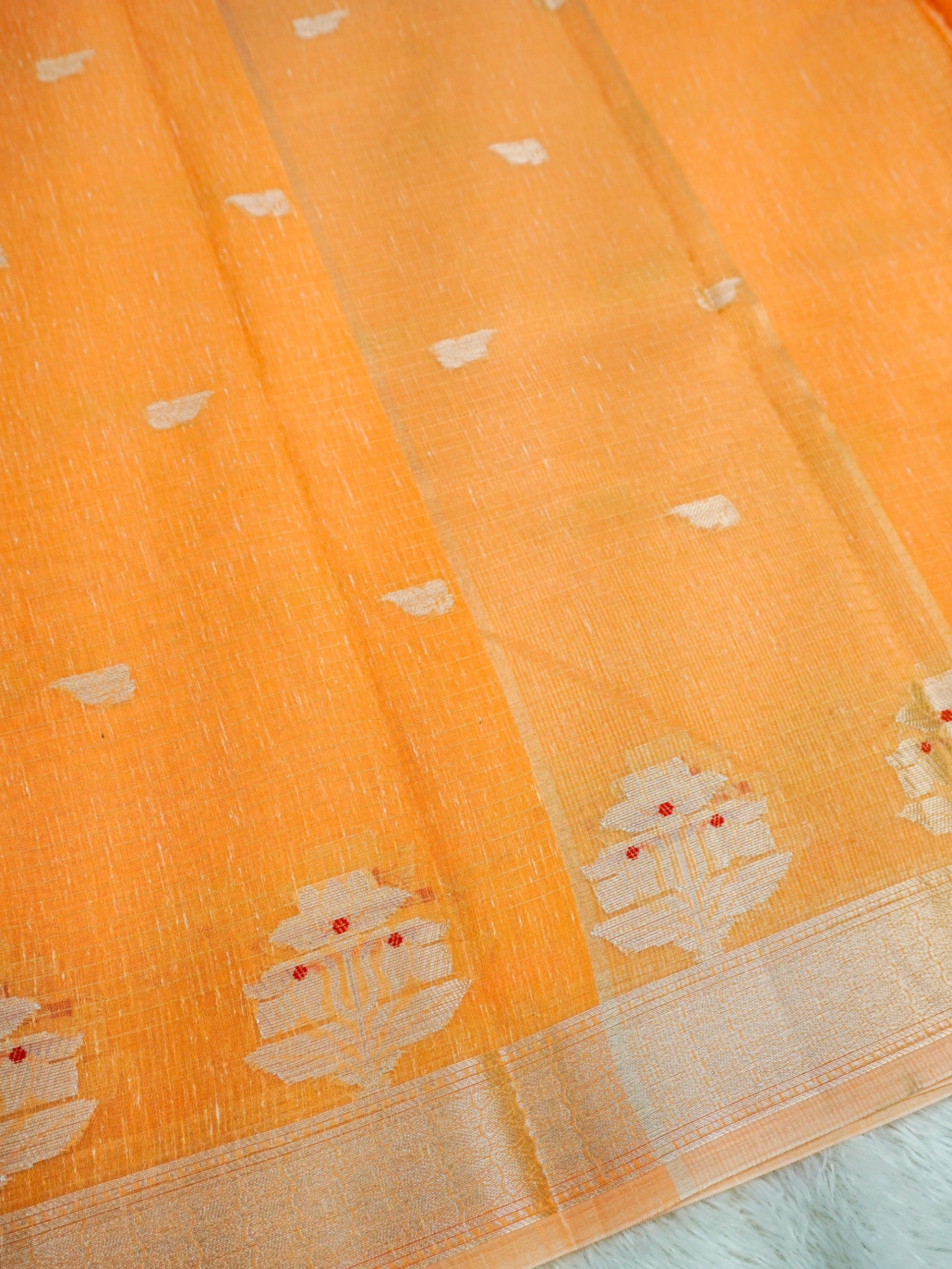 Peach Cotton Banarasi Saree with Floral Buti & Rich Zari Border