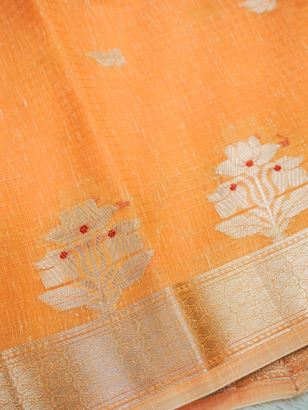 Peach Cotton Banarasi Saree with Floral Buti & Rich Zari Border