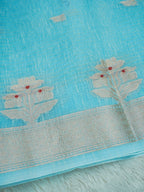 Sky Blue Cotton Banarasi Saree with Floral Buti & Rich Zari Border