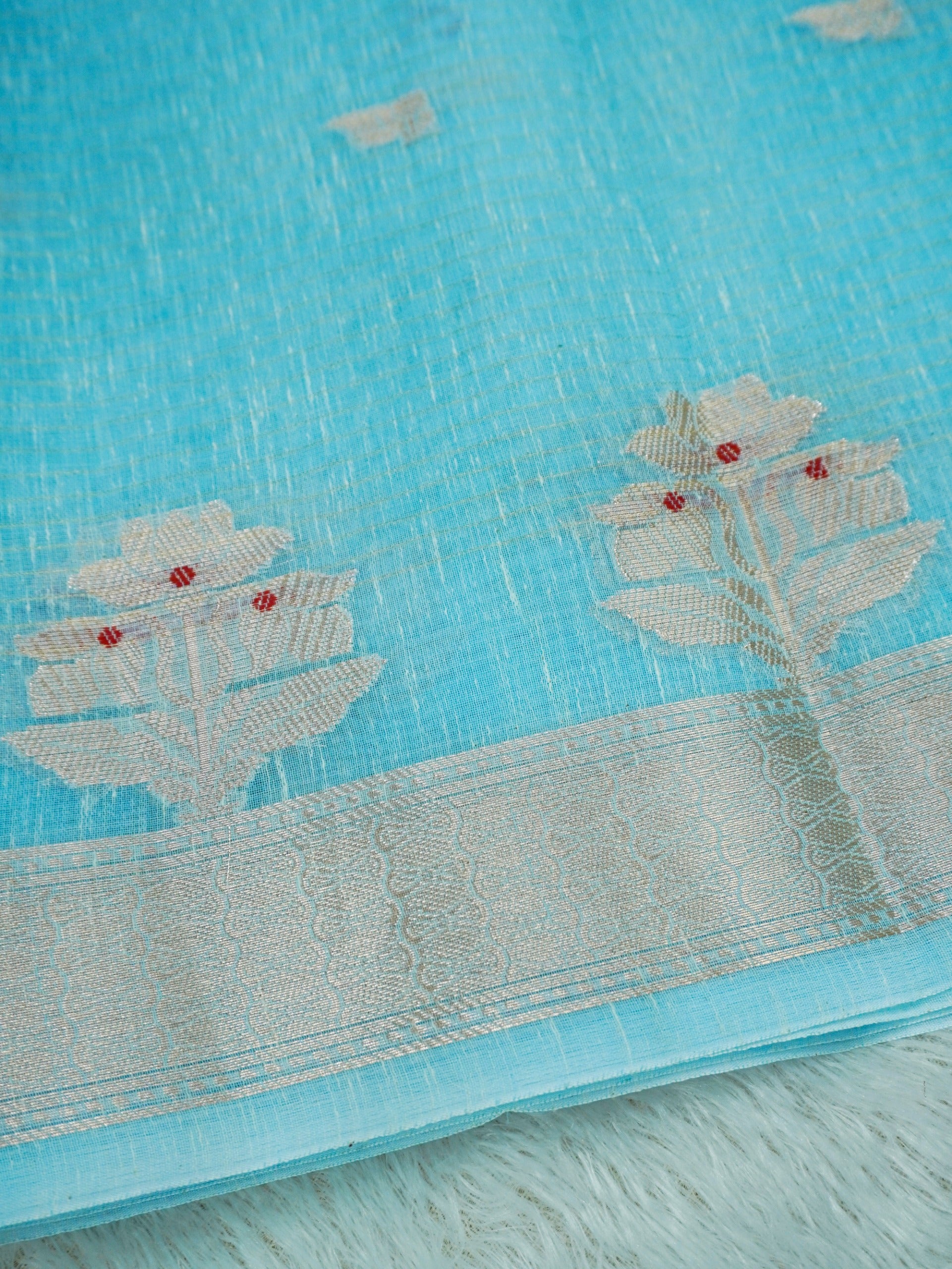 Sky Blue Cotton Banarasi Saree with Floral Buti & Rich Zari Border