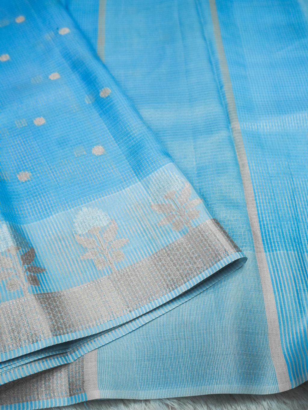 Sky Blue Tissue Banarasi Saree with Floral Buti & Silver Zari Border