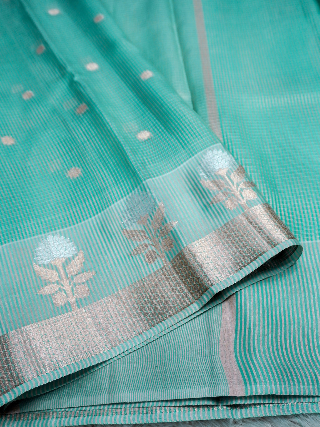Aqua Green Tissue Banarasi Saree with Floral Buti & Silver Zari Border