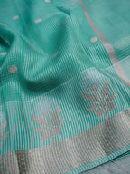 Aqua Green Tissue Banarasi Saree with Floral Buti & Silver Zari Border