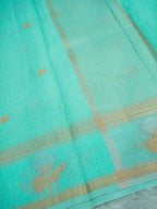 Aqua Green Linen Banarasi Saree with Floral Buta & Rich Zari Border