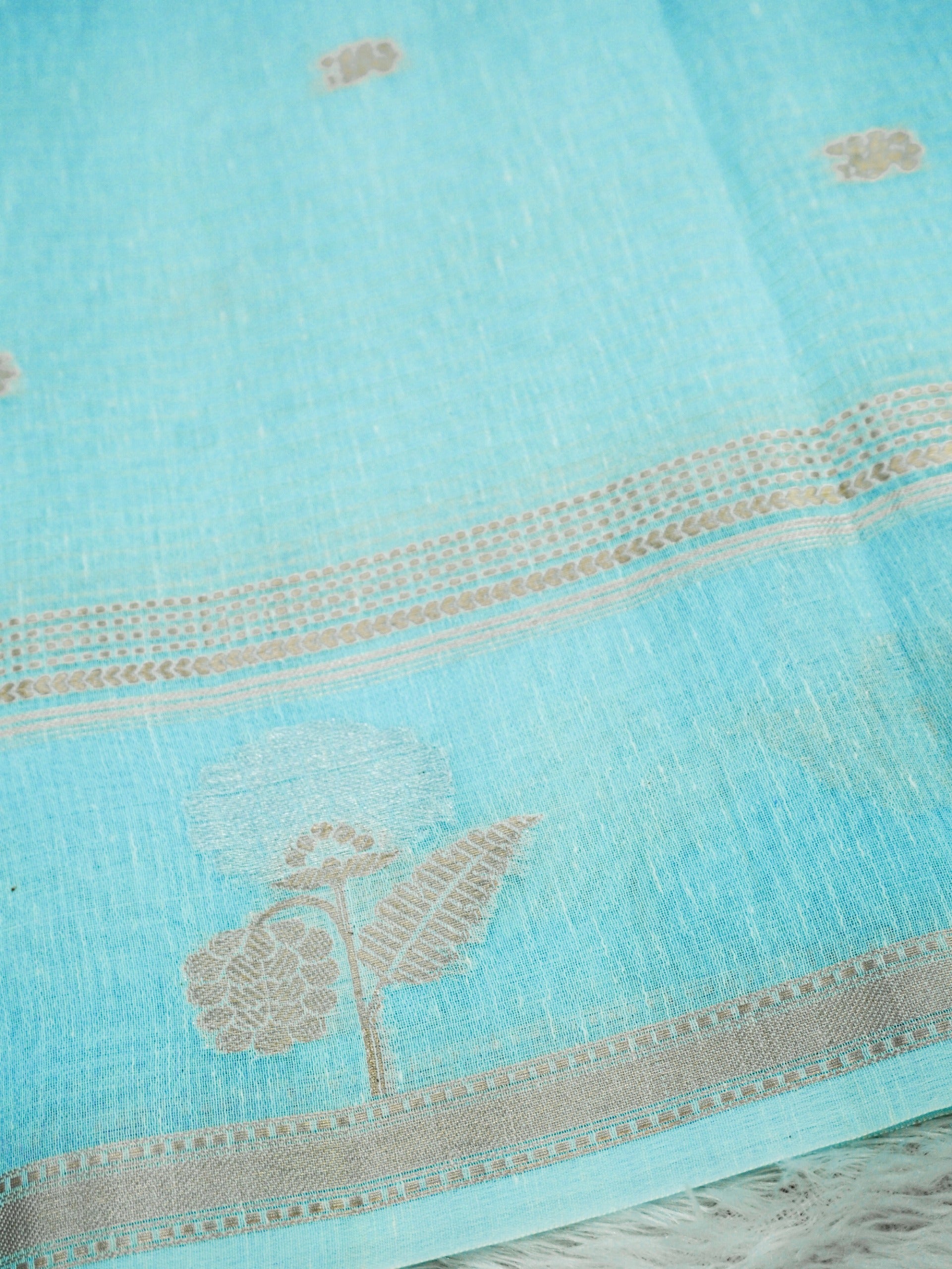 Sky Blue Linen Banarasi Saree with Floral Buta & Rich Zari Border
