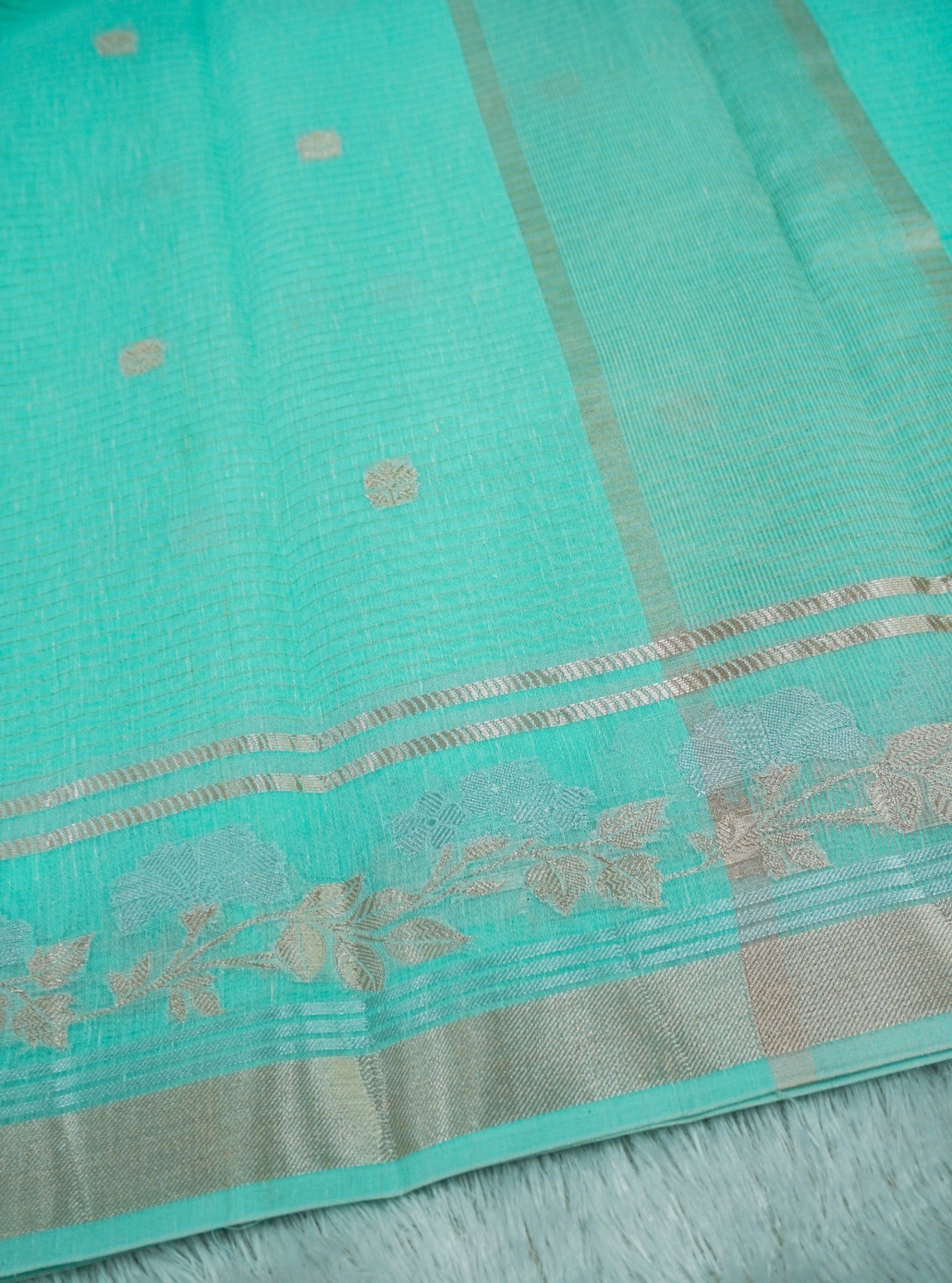 Aqua Green Tissue Banarasi Saree with Floral Buta & Rich Zari Border