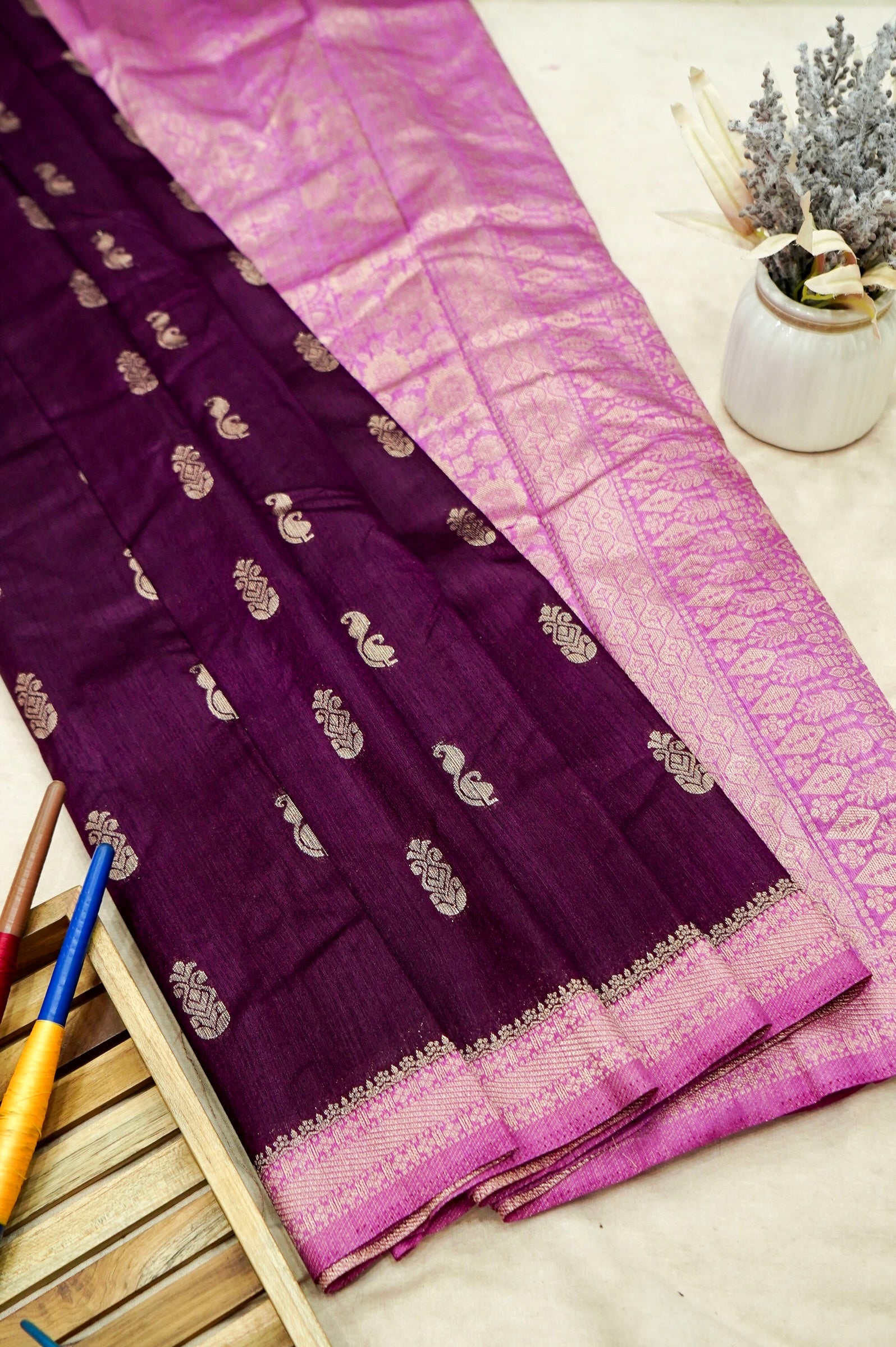 Deep Plum Banarasi Khaddi Silk Saree