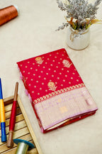 Deep Red Banarasi Dola Silk Saree with  Lavender Border and Palu