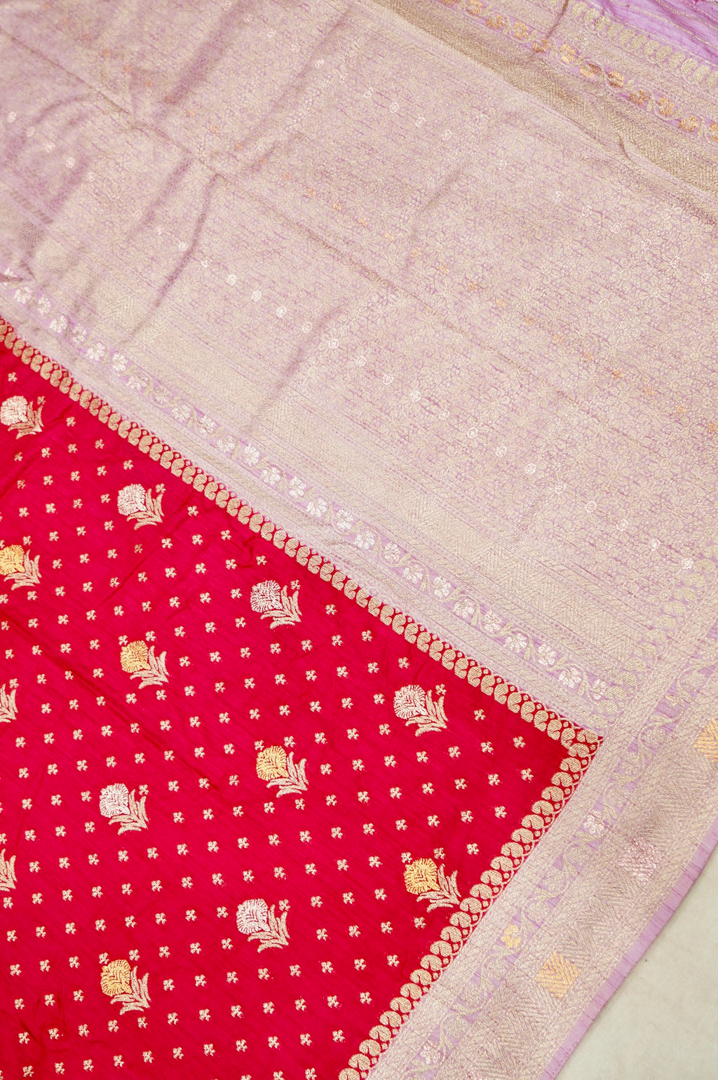 Deep Red Banarasi Dola Silk Saree with  Lavender Border and Palu