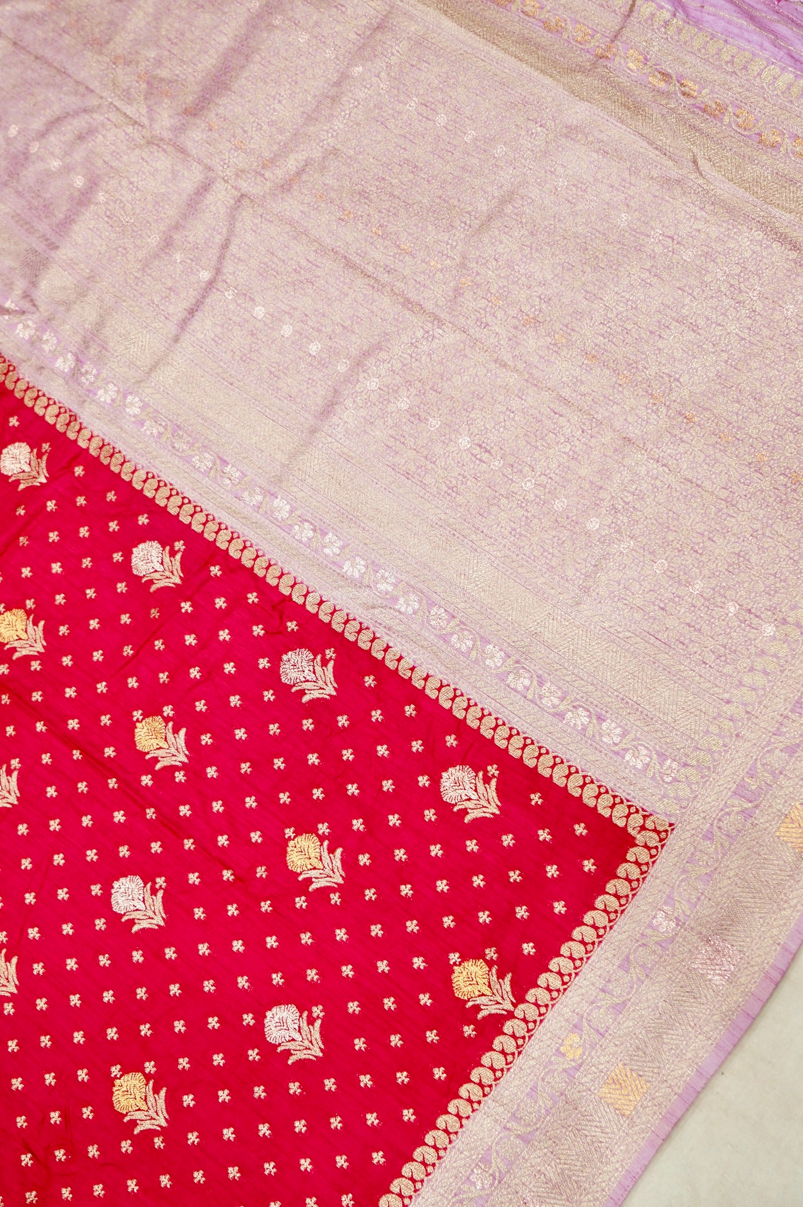 Deep Red Banarasi Dola Silk Saree with  Lavender Border and Palu