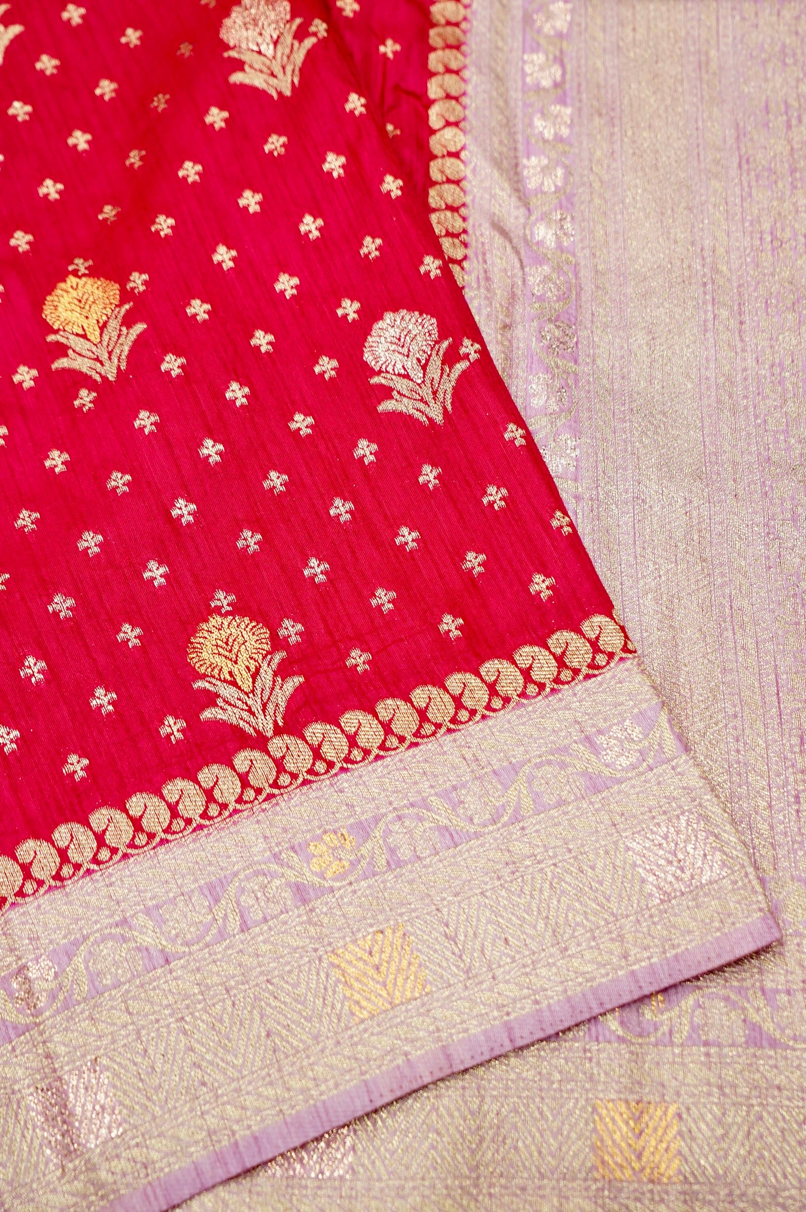 Deep Red Banarasi Dola Silk Saree with  Lavender Border and Palu