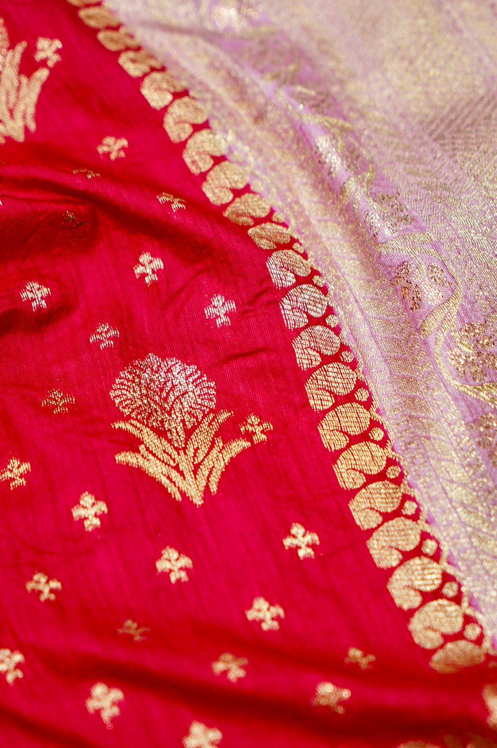 Deep Red Banarasi Dola Silk Saree with  Lavender Border and Palu