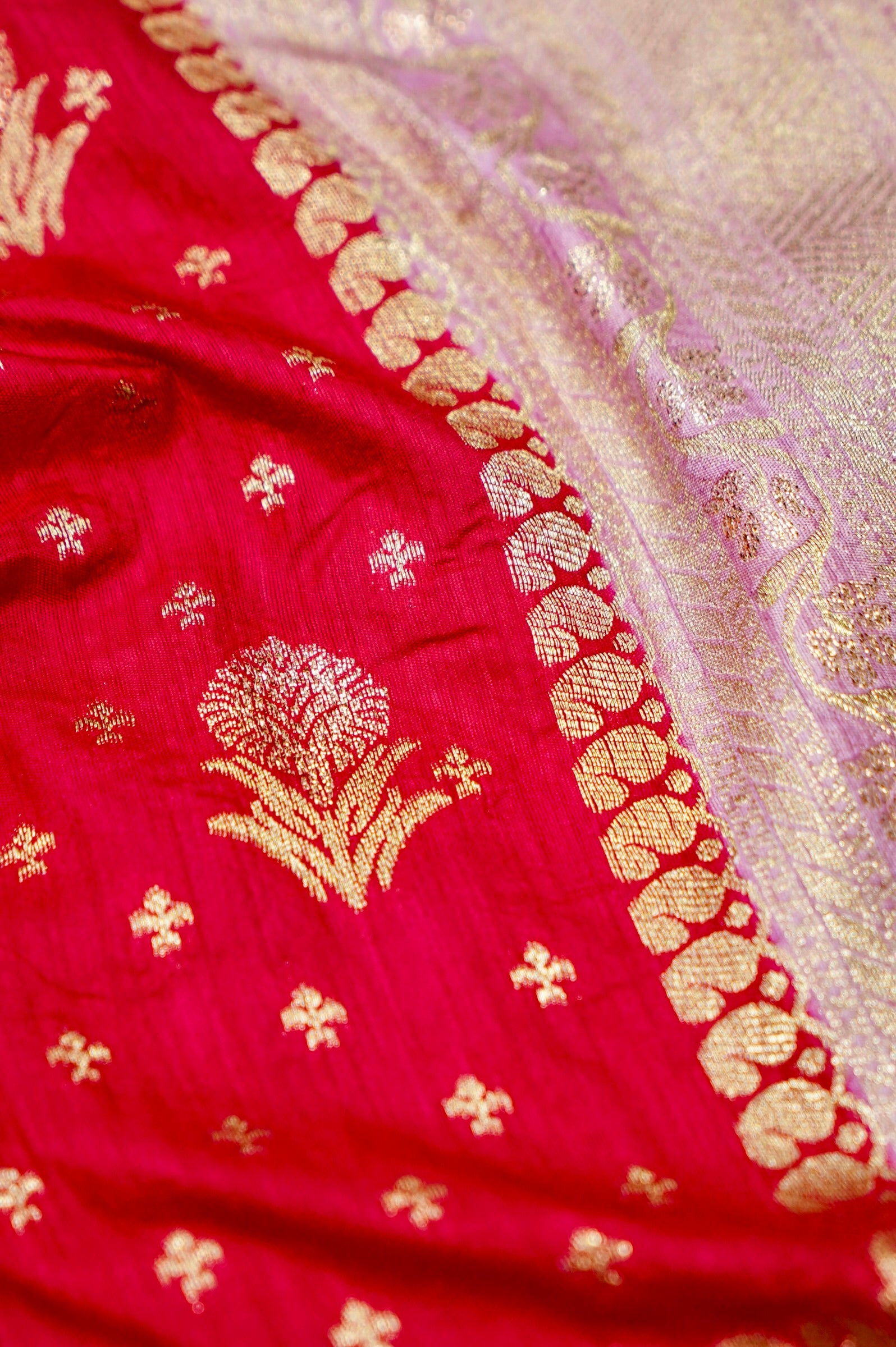 Deep Red Banarasi Dola Silk Saree with  Lavender Border and Palu