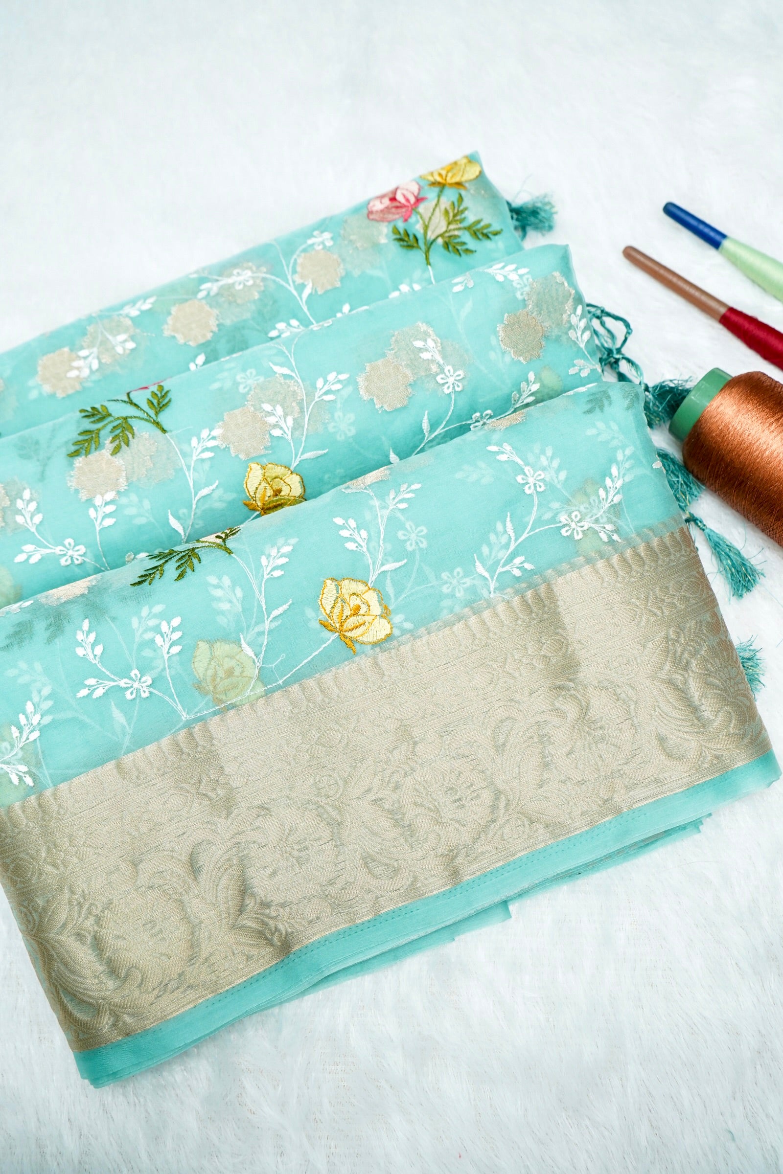 Mint Green Floral Embroidered Organza Saree