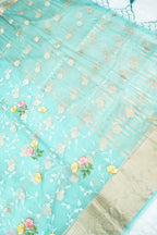 Mint Green Floral Embroidered Organza Saree