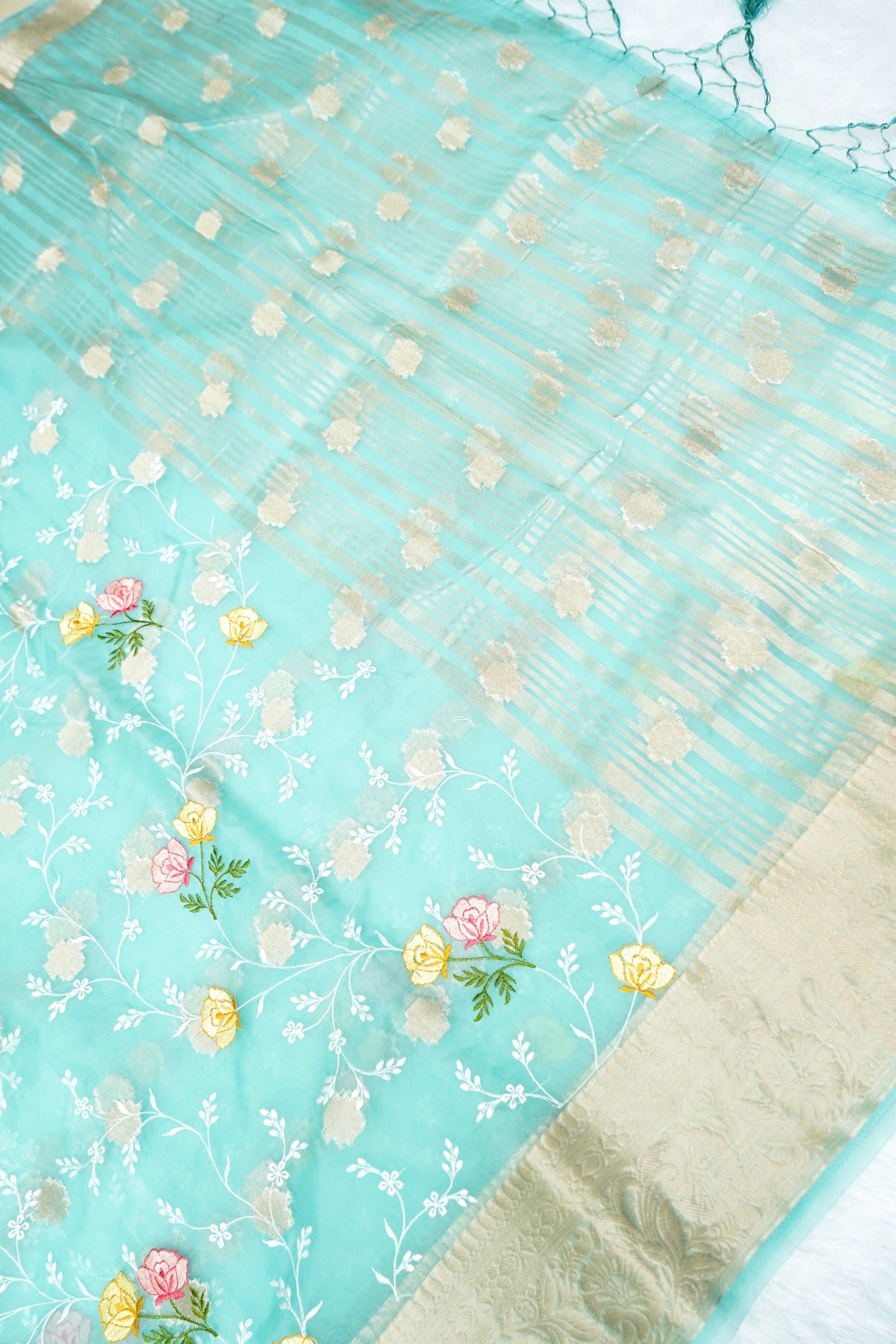 Mint Green Floral Embroidered Organza Saree