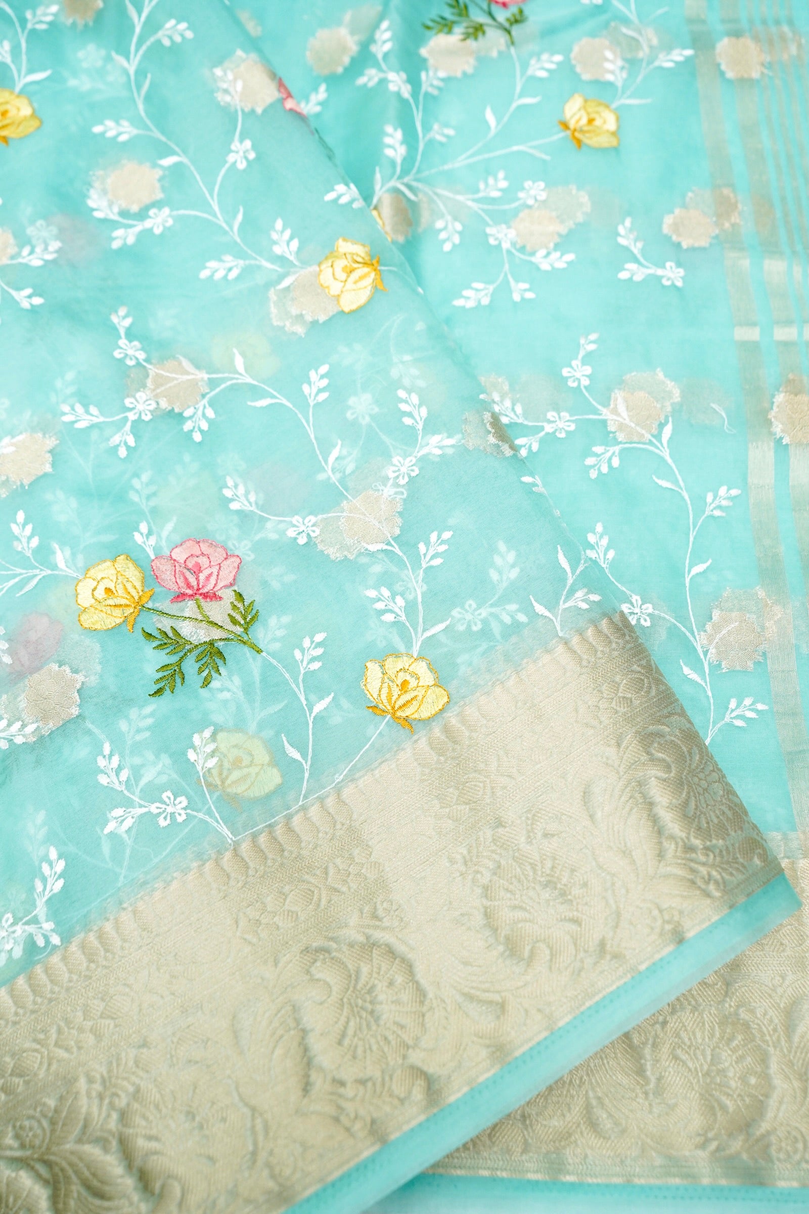 Mint Green Floral Embroidered Organza Saree