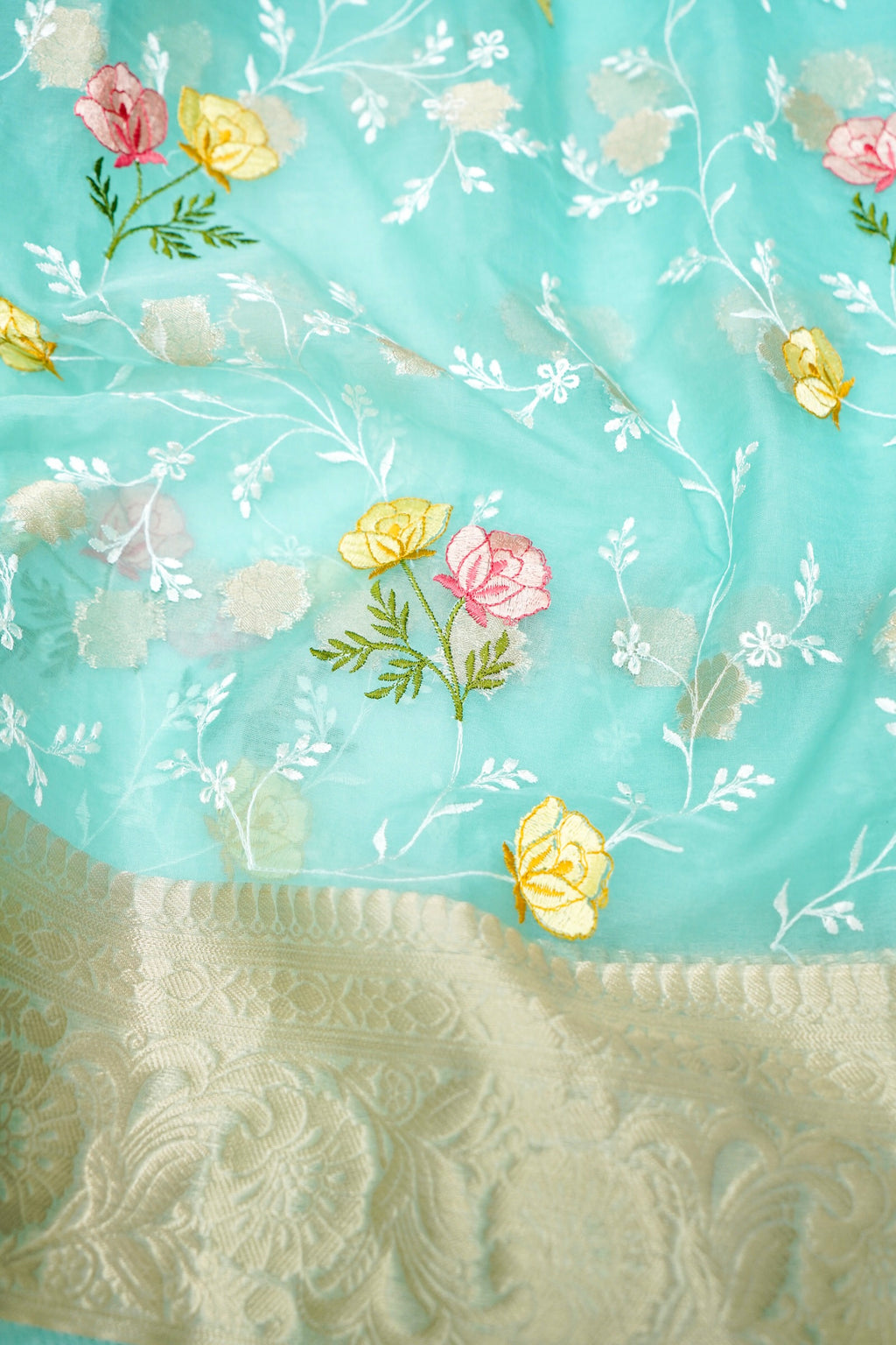 Mint Green Floral Embroidered Organza Saree