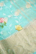 Mint Green Floral Embroidered Organza Saree