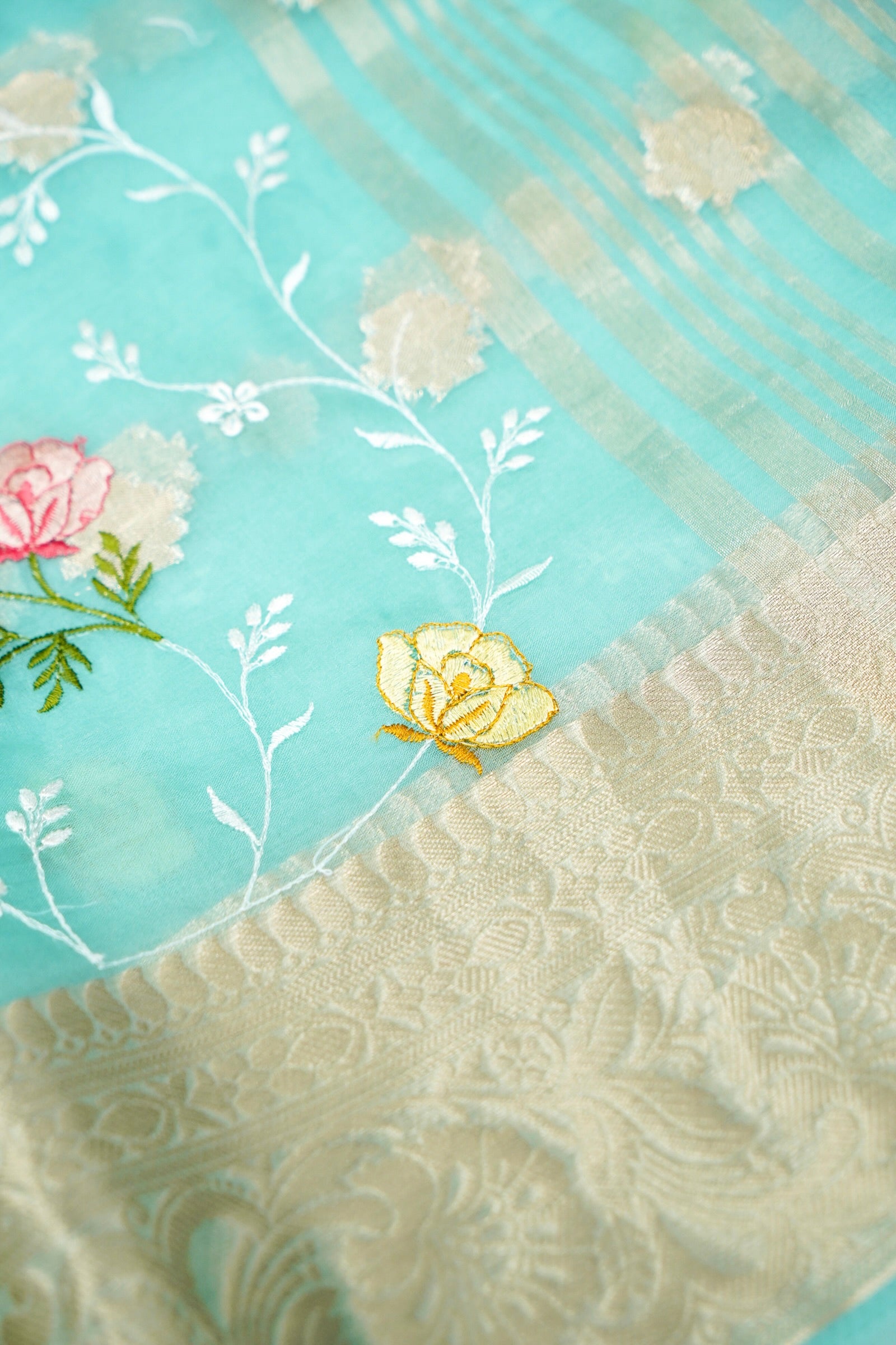 Mint Green Floral Embroidered Organza Saree
