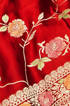 Crimson Red Banarasi Satin Saree with brush work