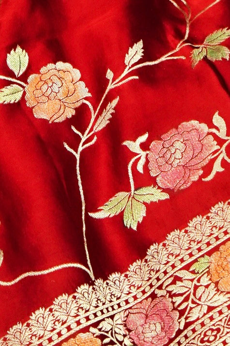 Crimson Red Banarasi Satin Saree with brush work
