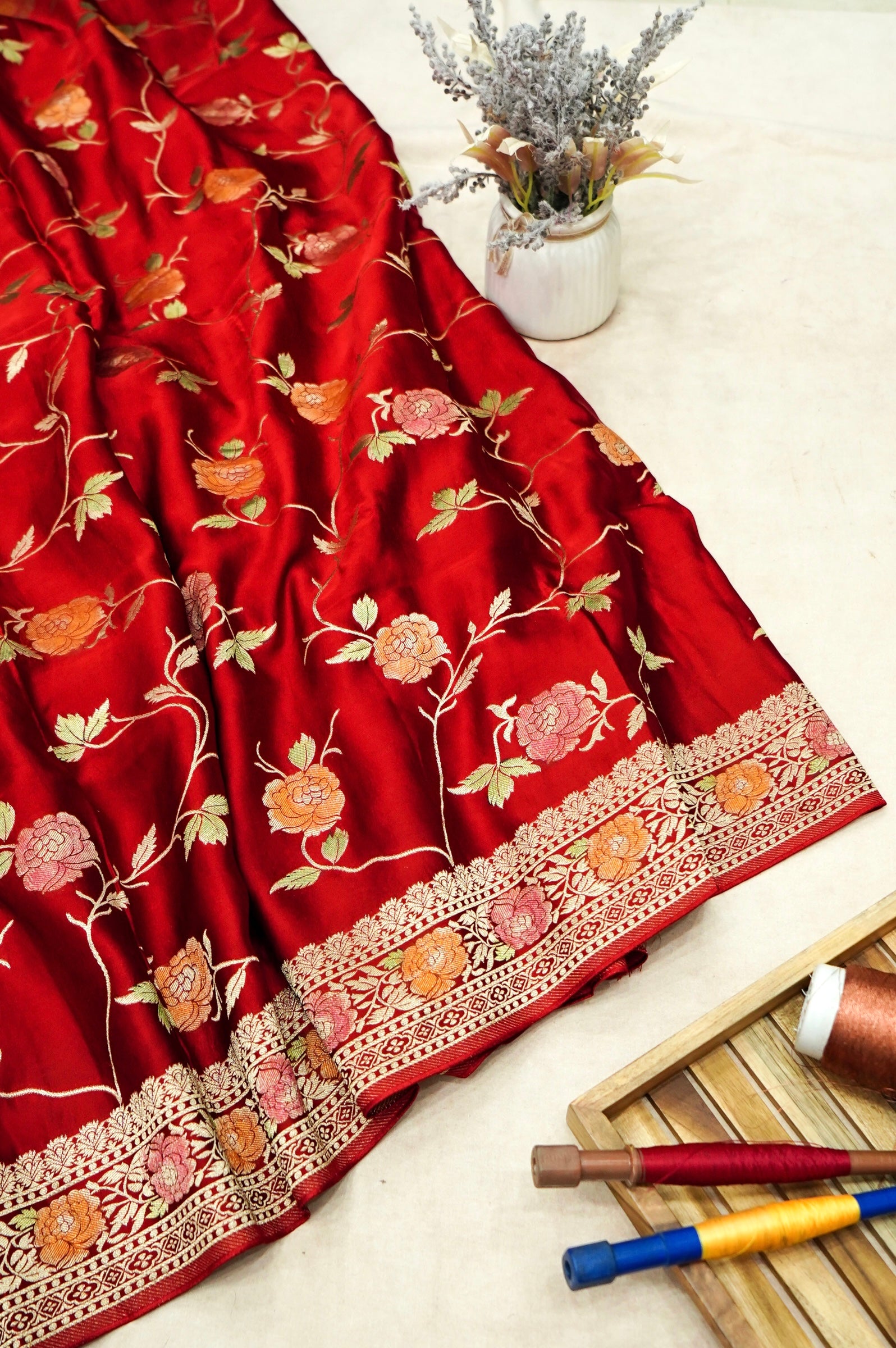 Crimson Red Banarasi Satin Saree with brush work