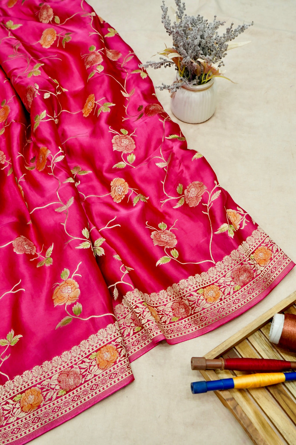 Fuchsia Pink Banarasi Satin Saree with brush work