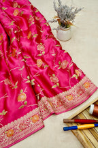 Fuchsia Pink Banarasi Satin Saree with brush work