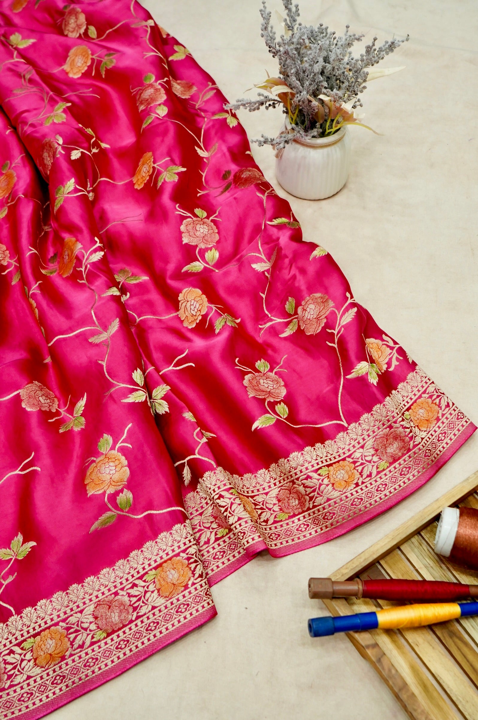 Fuchsia Pink Banarasi Satin Saree with brush work