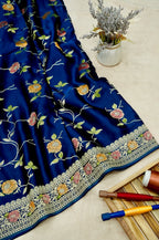 Royal Blue Banarasi Satin Saree with brush work