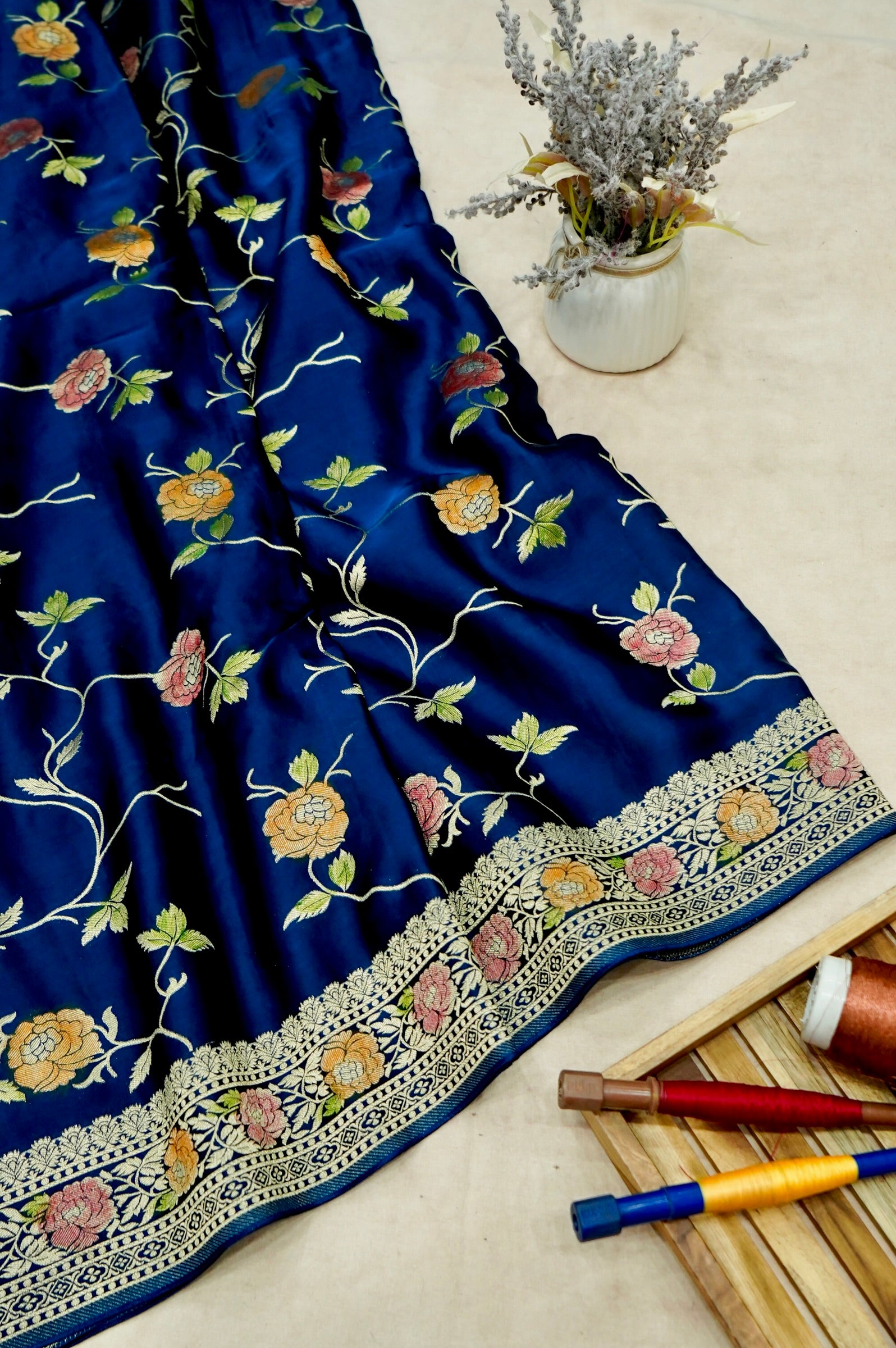 Royal Blue Banarasi Satin Saree with brush work