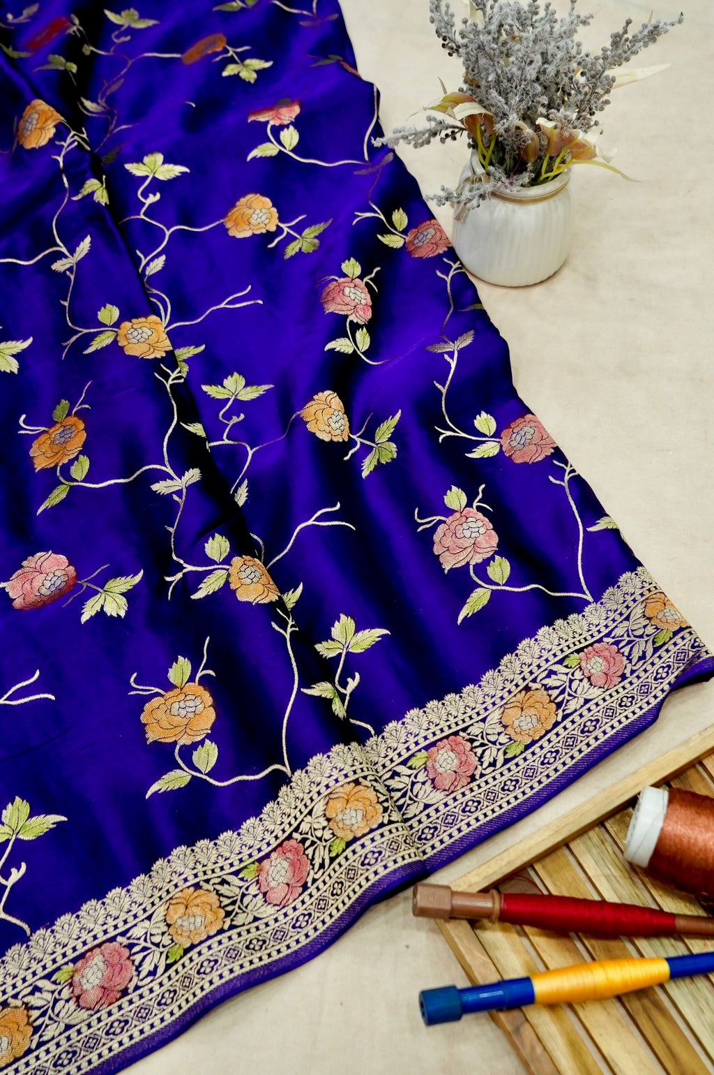 Deep Cobalt Blue Banarasi Satin Saree with brush work
