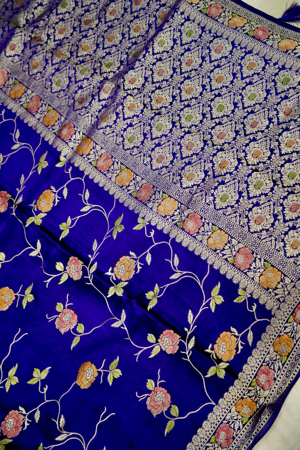 Deep Cobalt Blue Banarasi Satin Saree with brush work