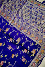 Deep Cobalt Blue Banarasi Satin Saree with brush work