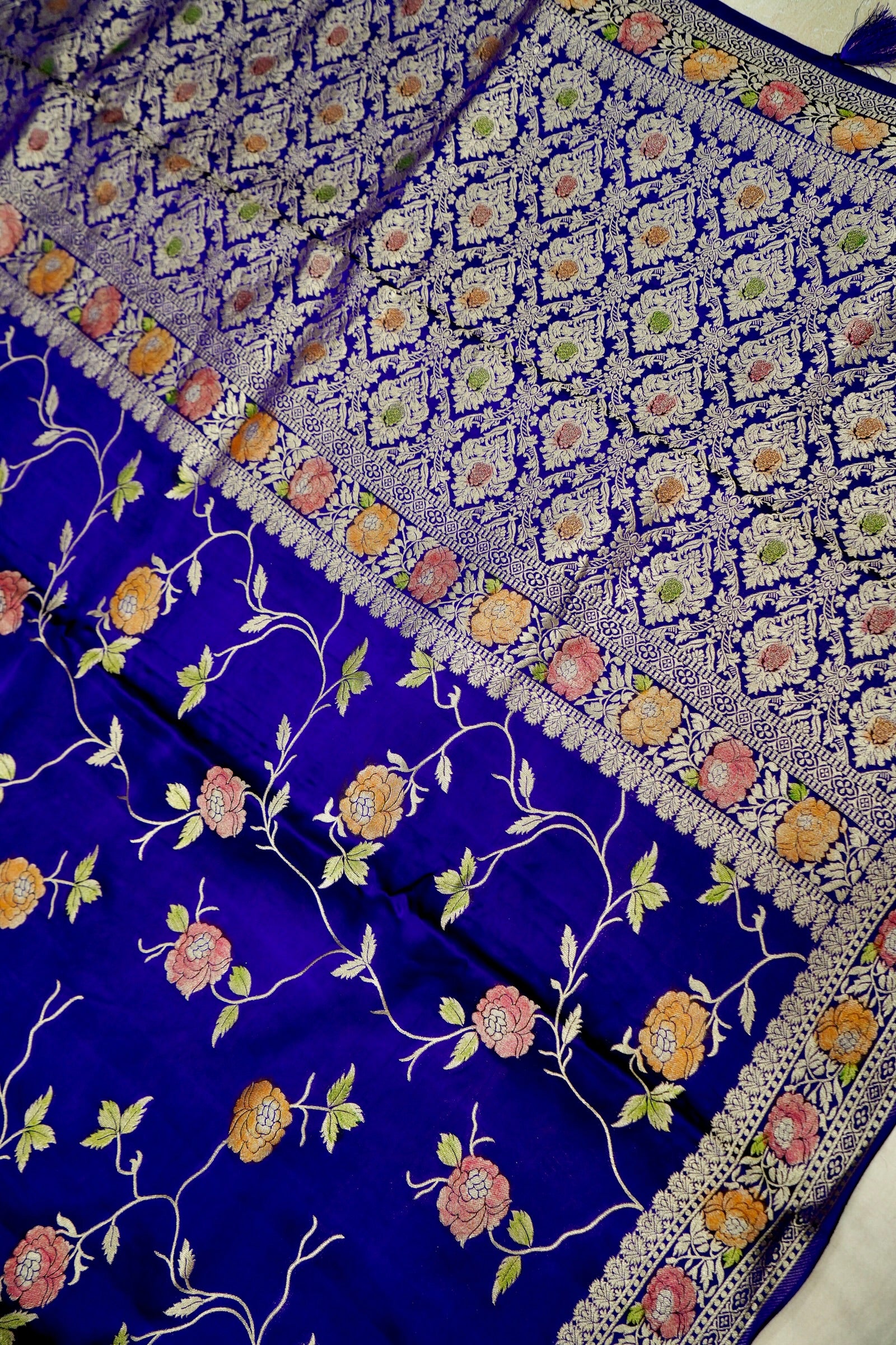 Deep Cobalt Blue Banarasi Satin Saree with brush work