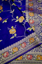 Deep Cobalt Blue Banarasi Satin Saree with brush work