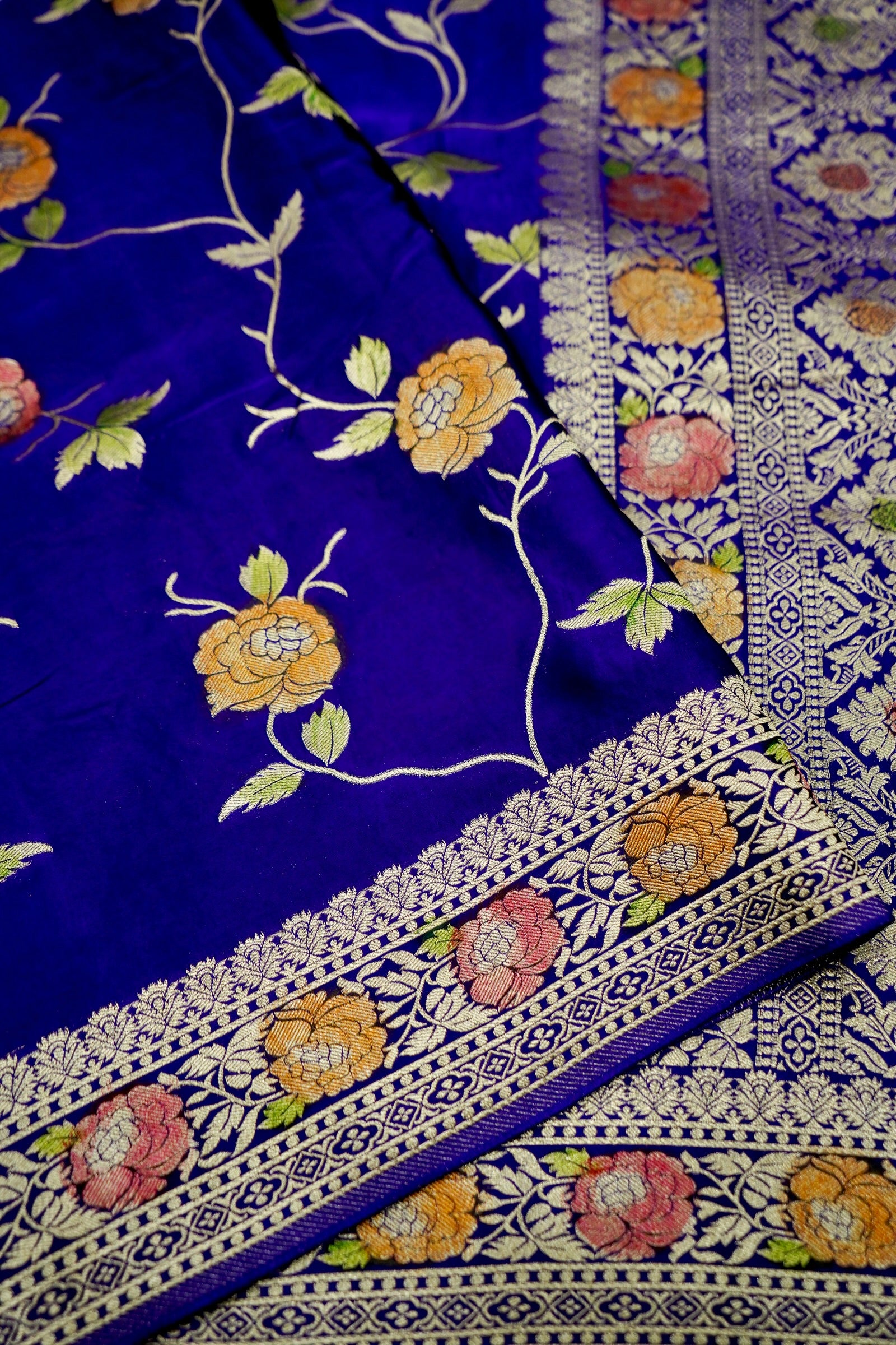 Deep Cobalt Blue Banarasi Satin Saree with brush work