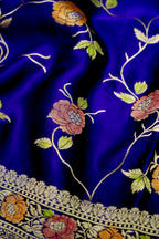 Deep Cobalt Blue Banarasi Satin Saree with brush work