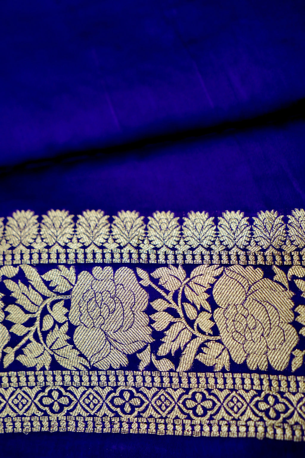 Deep Cobalt Blue Banarasi Satin Saree with brush work