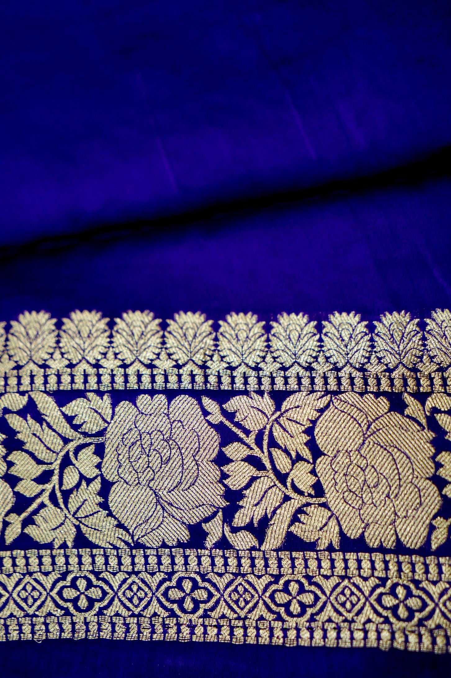 Deep Cobalt Blue Banarasi Satin Saree with brush work