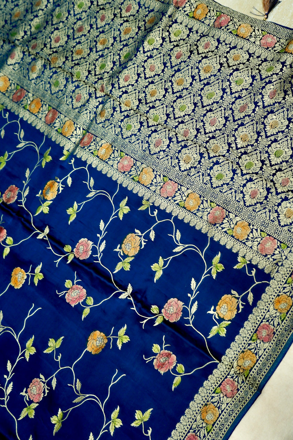 Royal Blue Banarasi Satin Saree with brush work