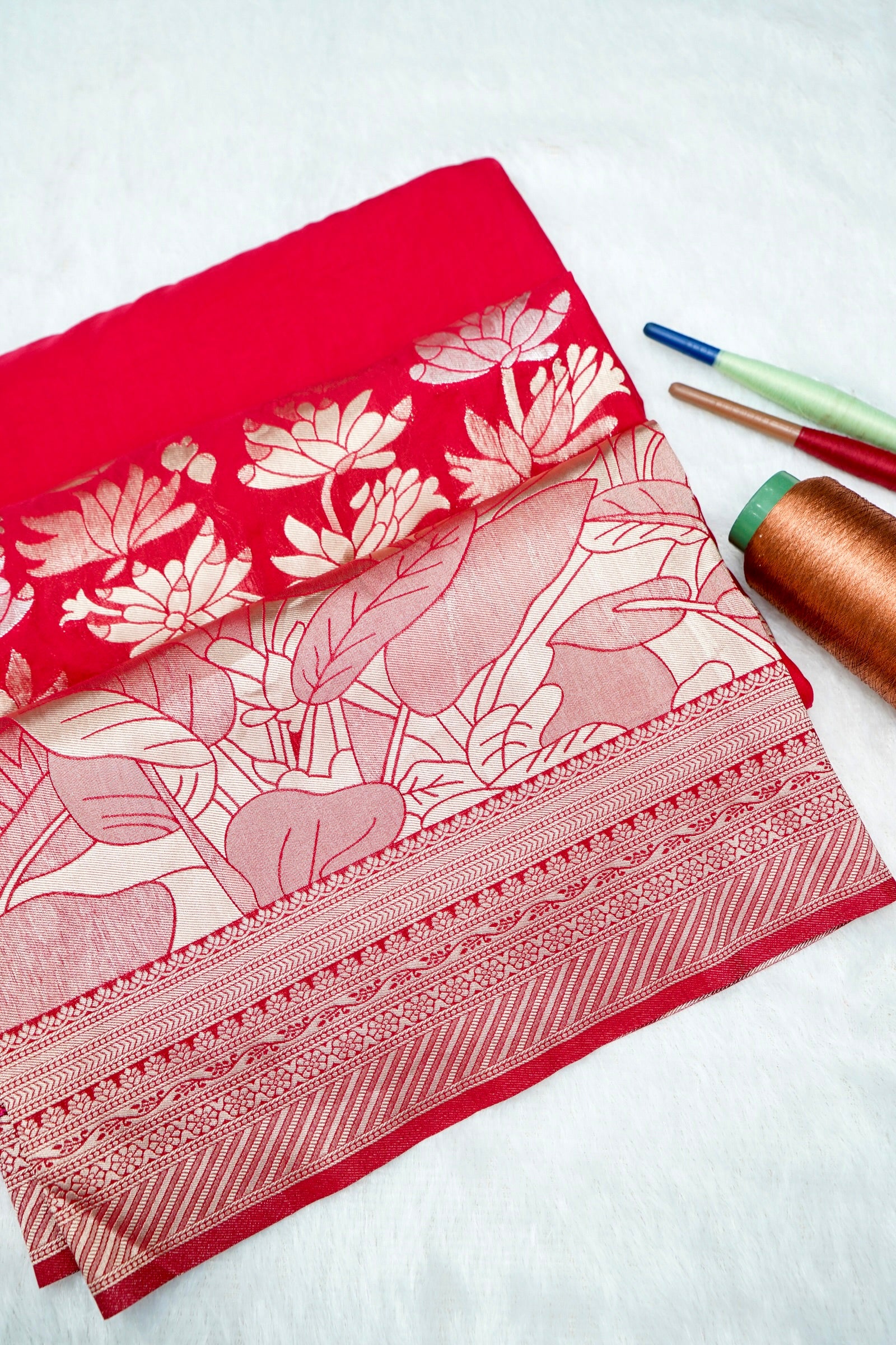 Rani Red Floral Banarasee Georgette Saree