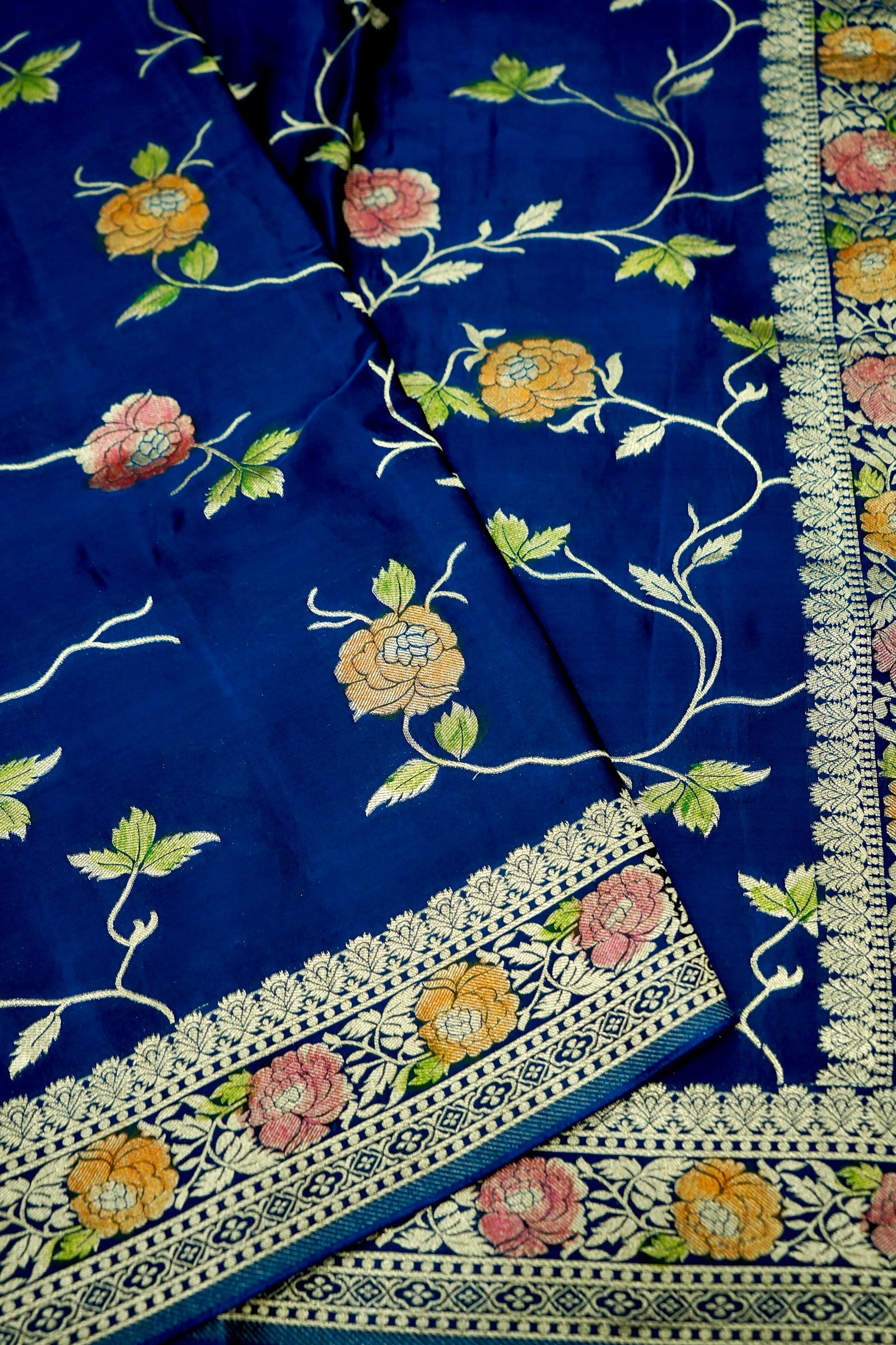 Royal Blue Banarasi Satin Saree with brush work