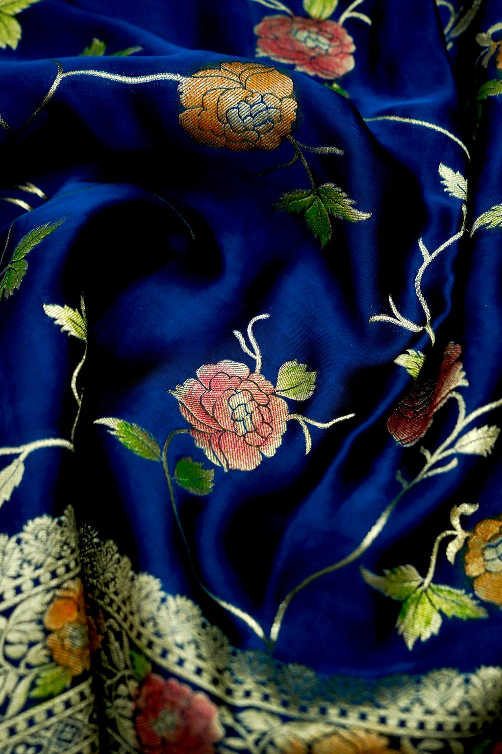 Royal Blue Banarasi Satin Saree with brush work