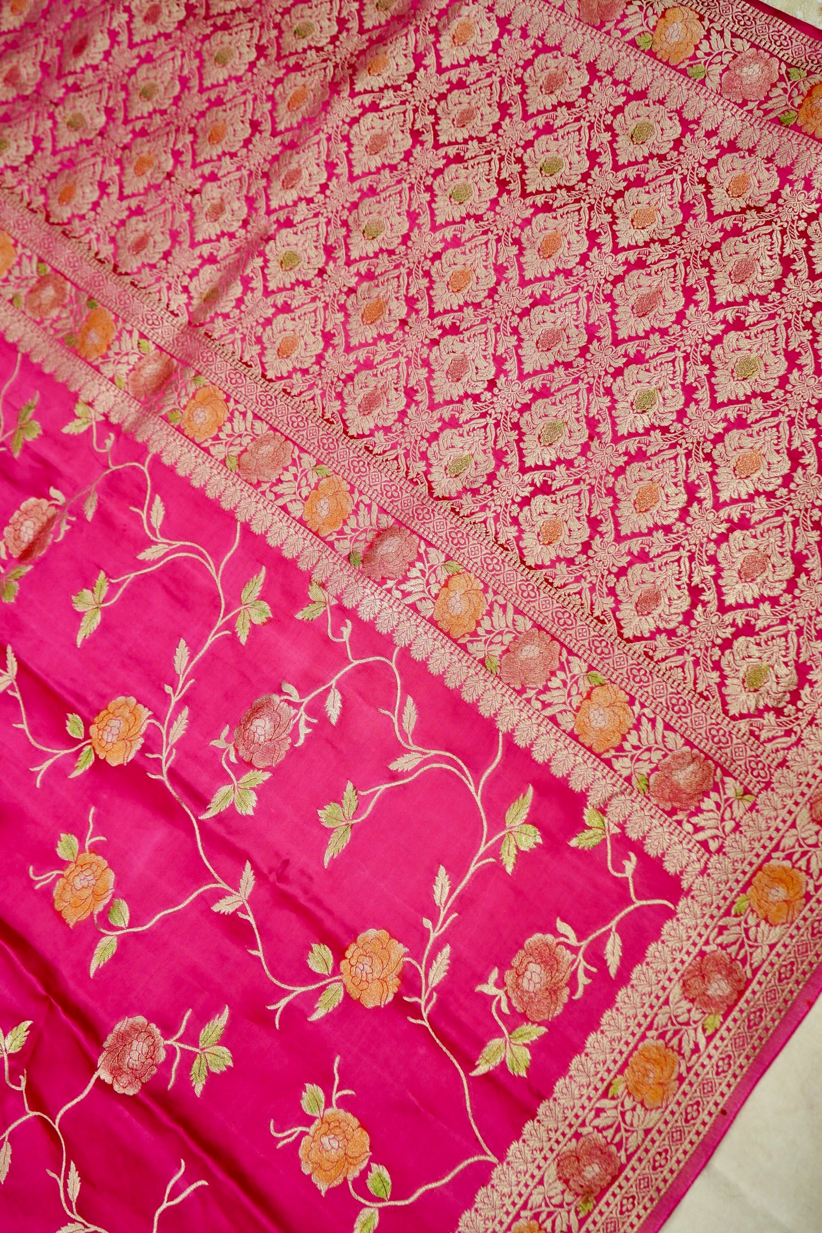 Fuchsia Pink Banarasi Satin Saree with brush work