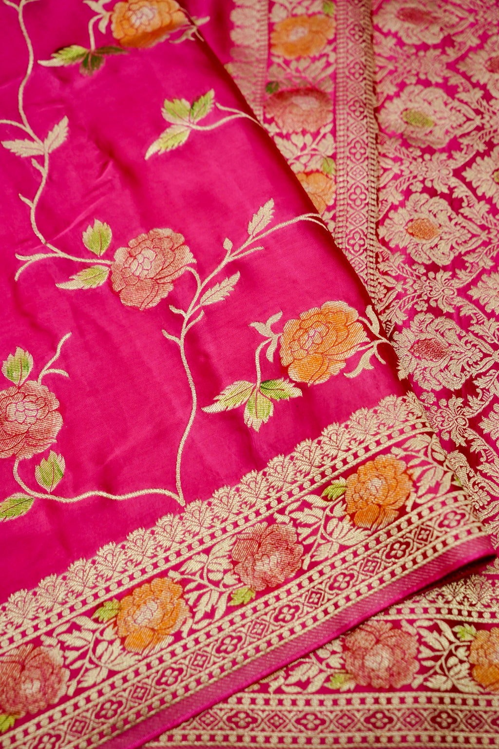 Fuchsia Pink Banarasi Satin Saree with brush work